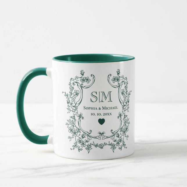 Mug Couronne florale verte monogramme de mariage (Gauche)