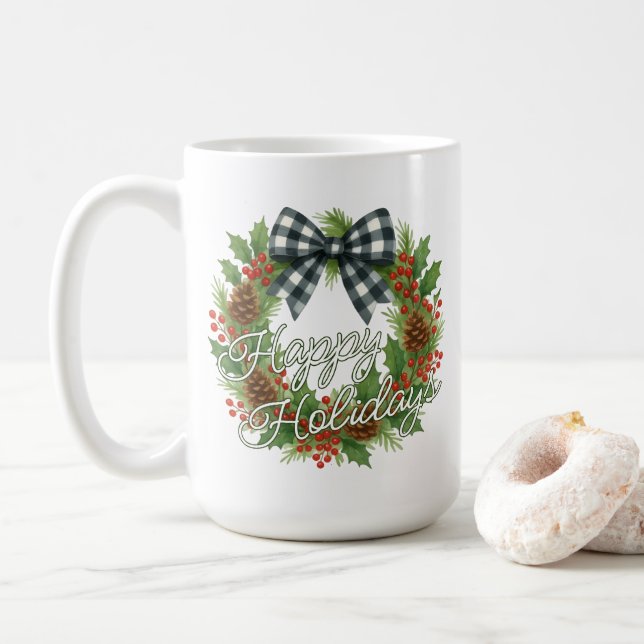 Mug Couronne rustique de houx avec un nœud à carreaux  (Avec donut)