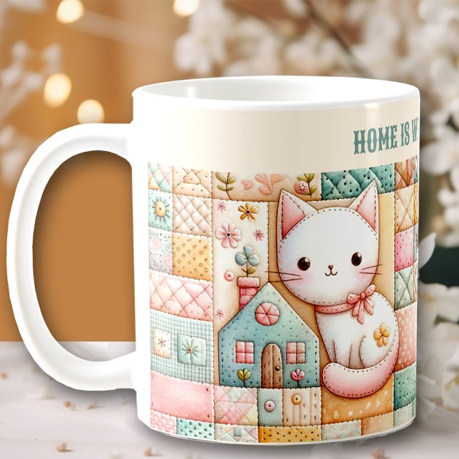 Mug Coussin de quilt en patchwork de chat mignon avec  (Cute Cat Quilt Patchwork Pastel Custom Name Coffee Mug)
