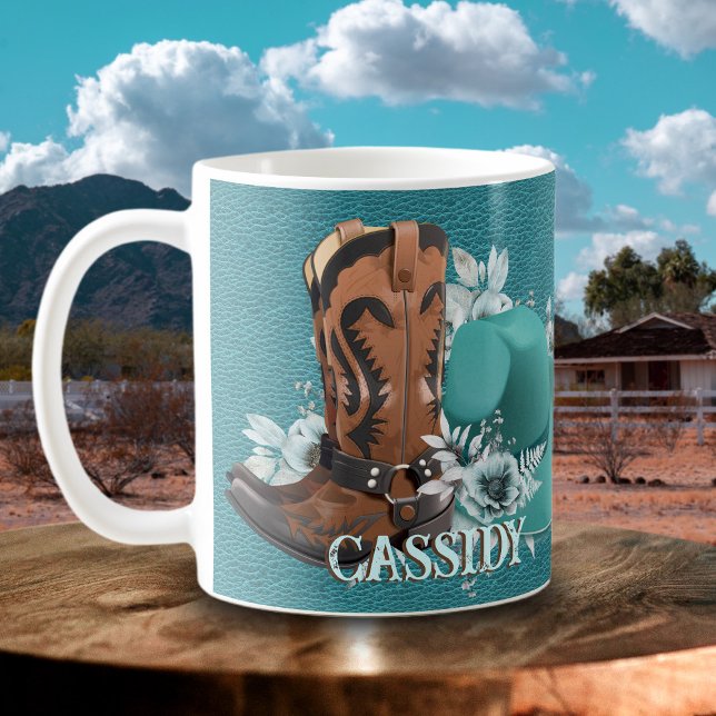 Mug Cowgirl cowboy bottes casquette turquoise nom en c (Cowgirl cowboy boots hat turquoise leather name coffee mug)