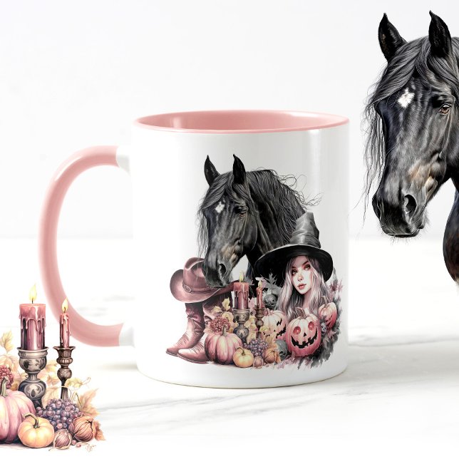 Mug Cowgirl Halloween cheval Les chambres sont pour le (Pink Halloween cowgirl mug, black horse, cowboy boots, cowboy hat, personalized funny quote)