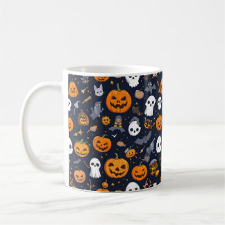 Mug Cozy Black Background Ghost & Pumpkin All-Over Pat