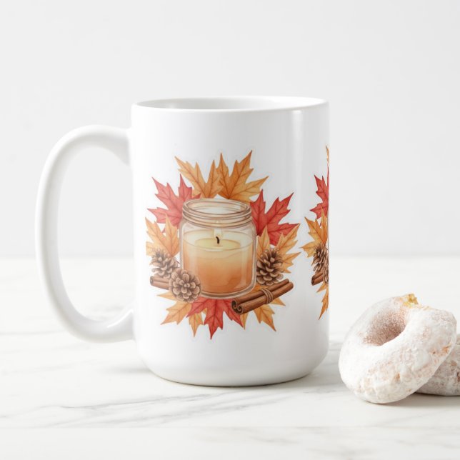 Mug Cozy Fall Candle with Maple Leaves | Autumn Design (Avec donut)