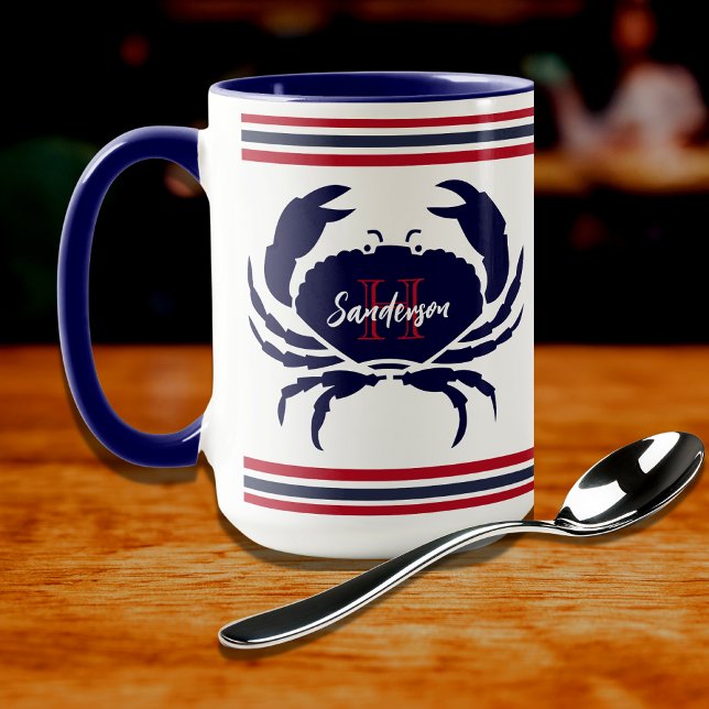Mug crabe blanc bleu marine monogrammé (Créateur téléchargé)