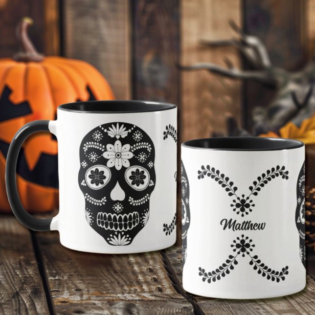 Mug Crâne à sucre mexicain 2 Noir et blanc avec nom (Créateur téléchargé)