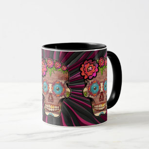 Mug Crâne de sucre en bois sculpté avec couronne fleur