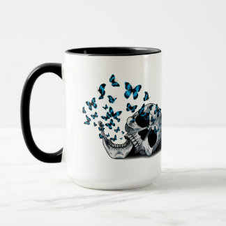 Mug Crâne et papillons bleus noir et blanc