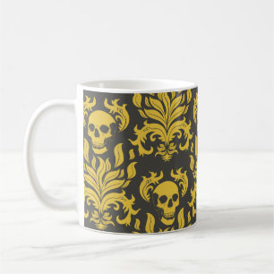 Mug Crâne flamme Damas en moody jaune sur gris foncé