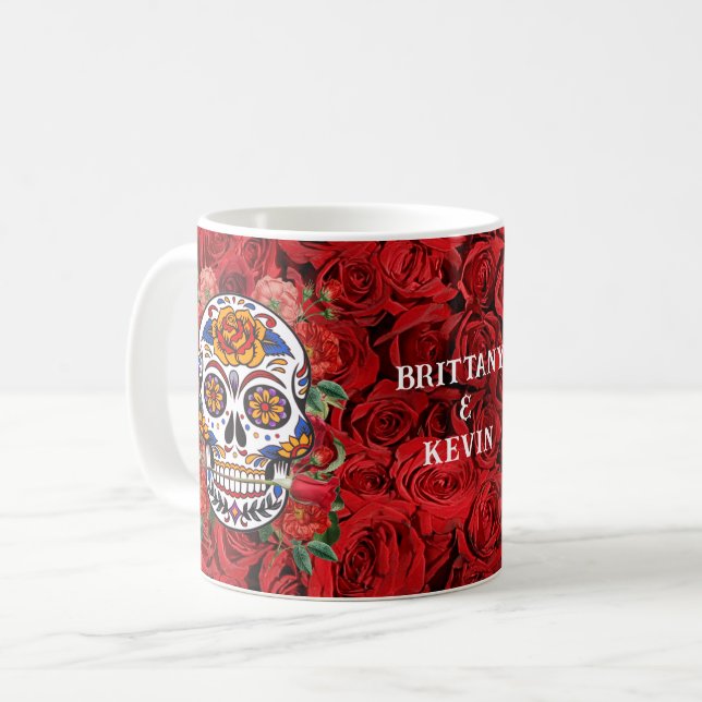 Mug Crâne sucre rose Roses rouges Vacances Ajouter des (Devant gauche)