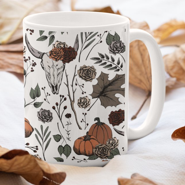 Mug Crânes de vache et de moisson de l'Ouest (Rustic Autumn Country Cow Skulls, Fall Harvest and Roses Hand-Drawn Pattern in Black Ink.)