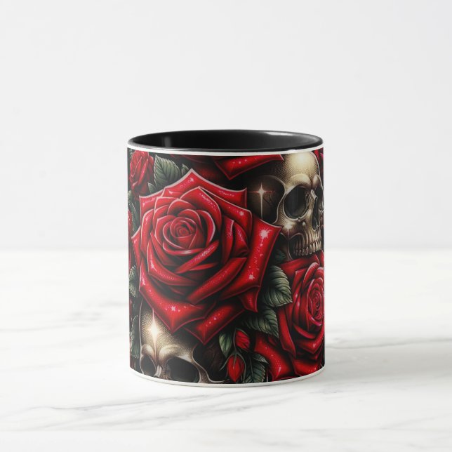 Mug Crânes d'or et roses rouges étincelante gothique (Centre)