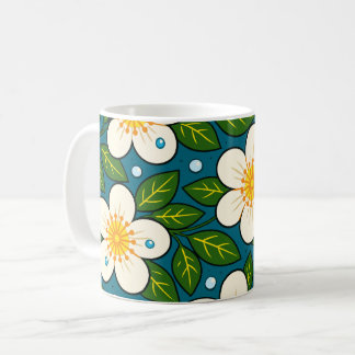 Mug Creamy White Florals Pattern with Green Leaves