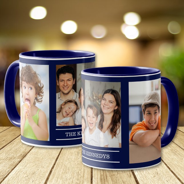 Mug Create Your Own Family Name 3 Photo Collage Blue (Créateur téléchargé)