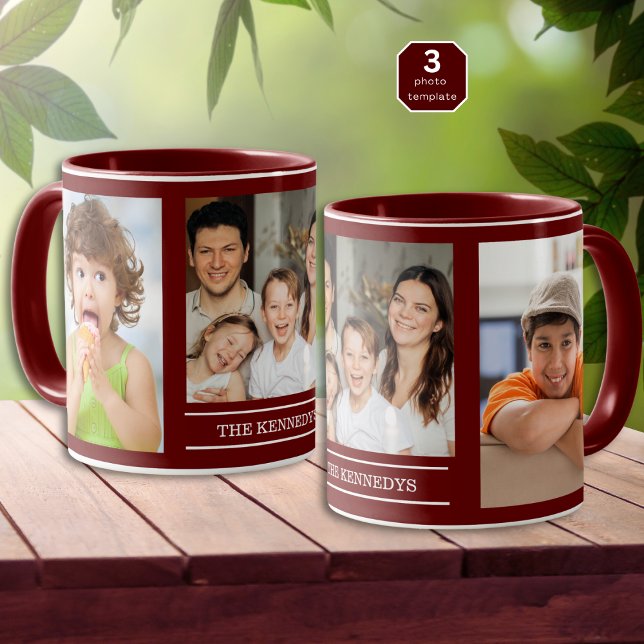 Mug Create Your Own Family Name 3 Photo Collage Maroon (Créateur téléchargé)