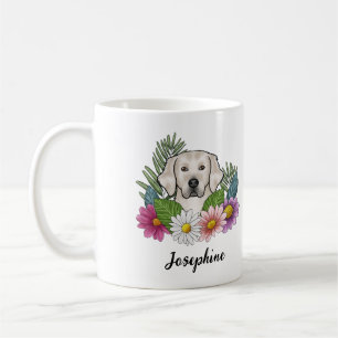 Mug Crème Golden Retriever Fleurs colorées et nom