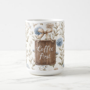 Mug Crème marron cacao Fleurs bleues Café en premier