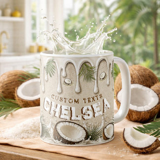 Mug Crème Marron Coco Tropical Rétro Nom Personnalisé