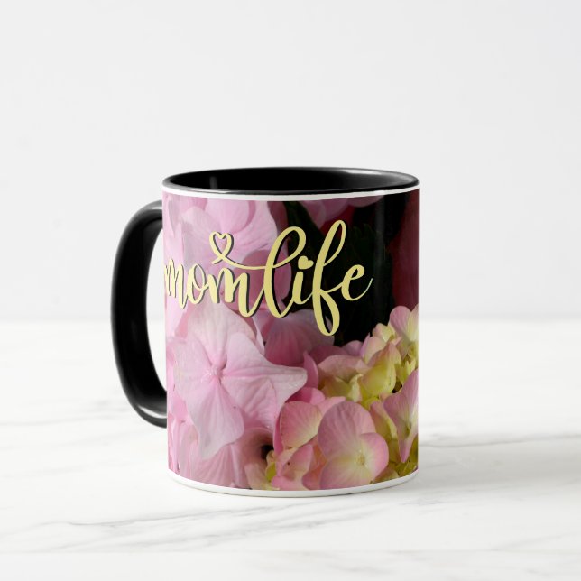 Mug Crème rose Hydrangeas jaune rose floral #momlife (Devant gauche)