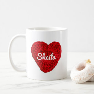 Mug Crochet Fil Coeur + Nom Rouge