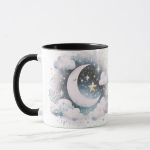 Mug Croissant de Lune Céleste Bleu et Blanc Bohème Mod