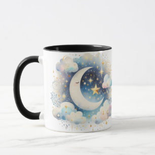 Mug Croissant de Lune Céleste Bleu et Blanc Bohème Mod