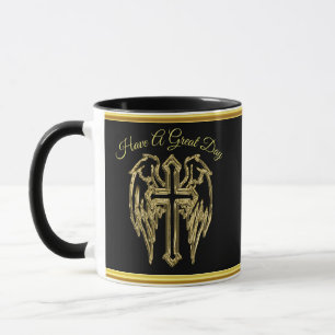 Mug croix catholique en feuille d'or noir avec ailes
