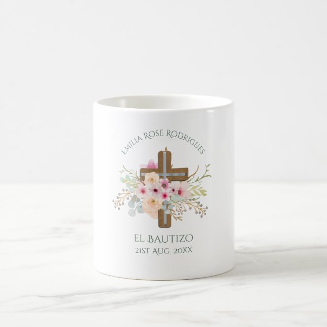 Mug Croix rose florale filles Bautizo Bautismo Baptism (Centre)