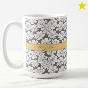 Mug Croquis de Fleur Blanche Rustique Nom Personnalisé
