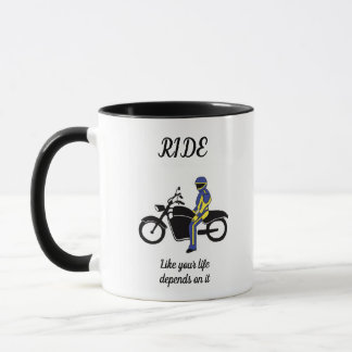 Mug Cuirs bleus et jaunes à une course de moto