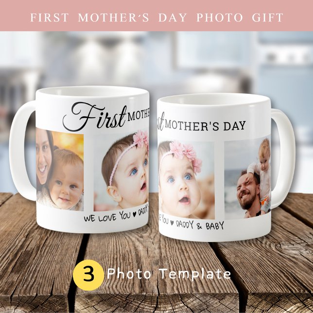 Mug Custom First Mother's Day 3 Photo Collage Nouvelle (Custom First Mother’s Day 3 Photo Collage New Mom Coffee Mug)