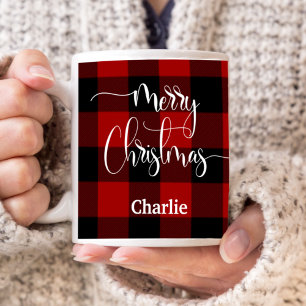 Mug Custom, Joyeux Noël, Rouge et Noir Plaid