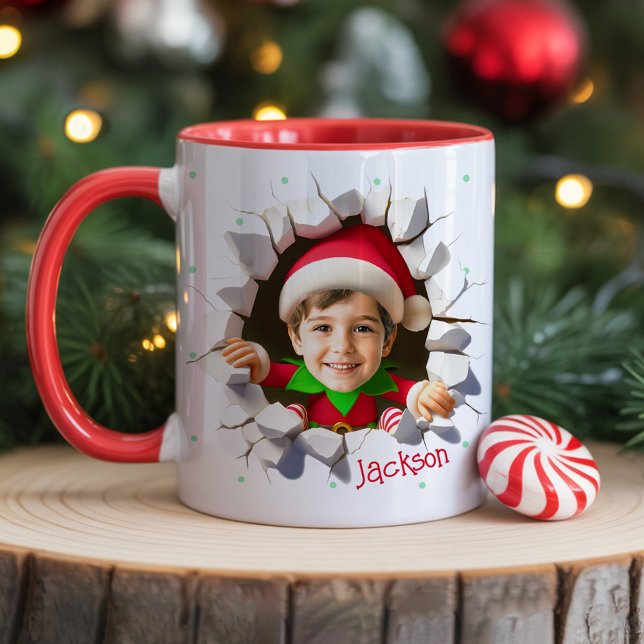 Mug Custom Kids Face Photo Funny Christmas Elf Name (Fun Christmas photo mug cups for kids with funny personalized face head and name holiday gift)