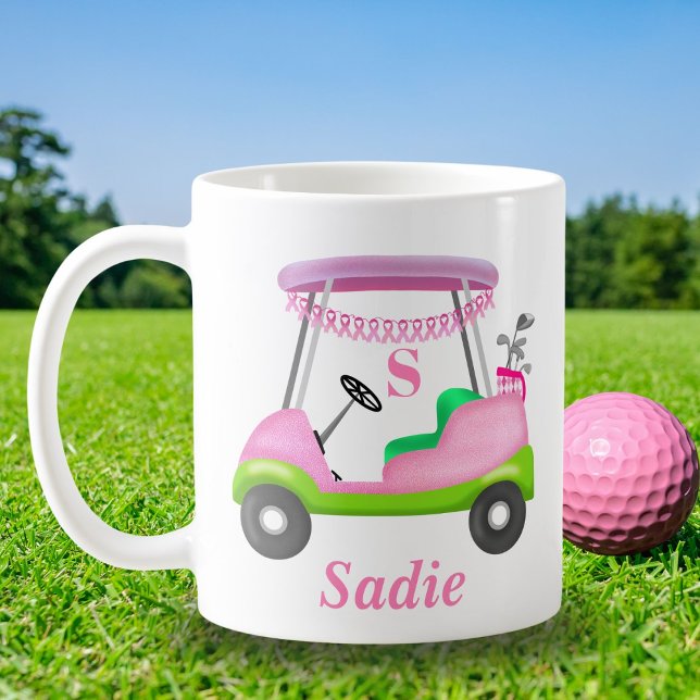 Mug Custom Lady Golf Cart Breast Cancer Monogram (Créateur téléchargé)
