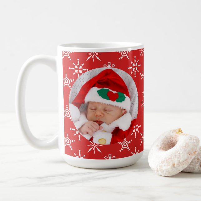 Mug Custom Photo Santa Baby Snowflakes & Red BKGRD (Avec donut)