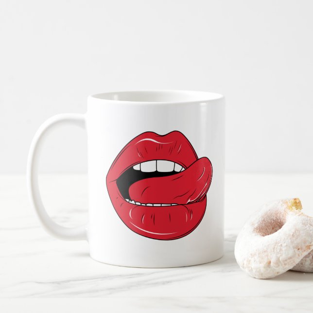 Mug Custom Text Funny Red Lips Cartoon Mouth (Avec donut)