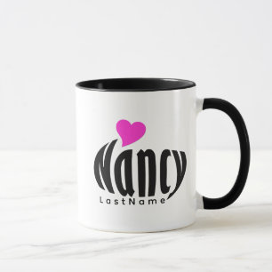 Mug Customisé "Nancy" en Noir et Blanc, Coeurs Rose