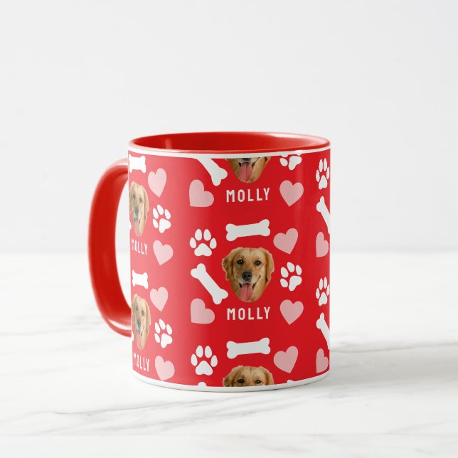 Mug Customized Dog Pet Photo & Name Pink Red Hearts (Devant gauche)