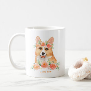 Mug Cute Aquarelle Corgi Peach Floral Personnalisé