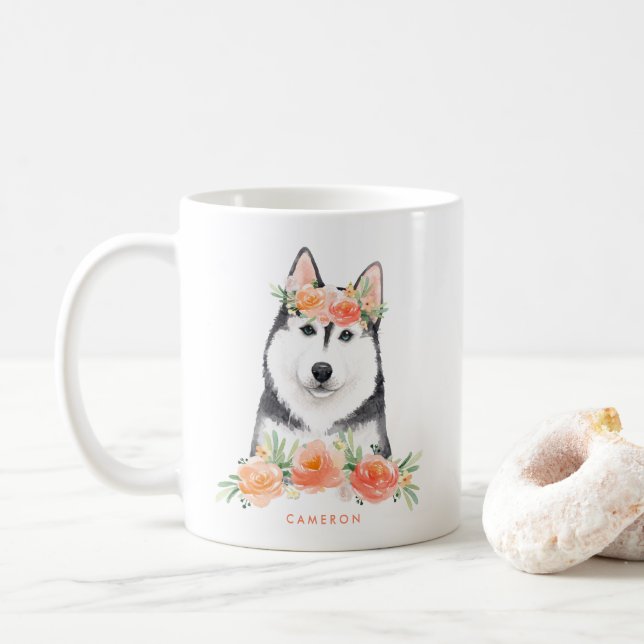 Mug Cute Aquarelle Sibérienne Husky Peach Floral (Avec donut)