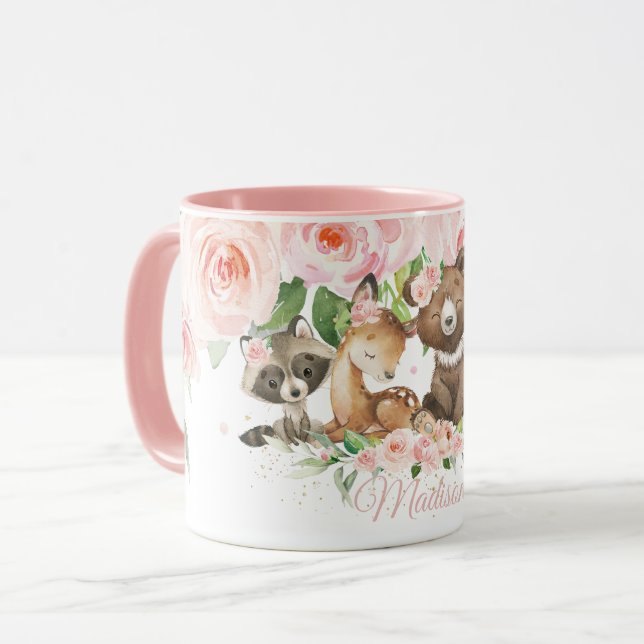Mug Cute Bois Animaux Rose Blush Floral Personnalisé (Devant gauche)