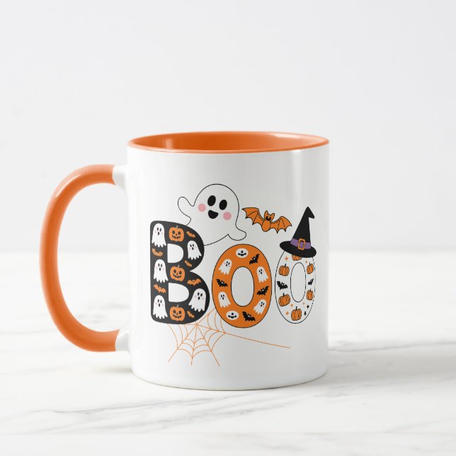 Mug Cute BOO Lettering Ghost and Pumpkin Halloween (Gauche)