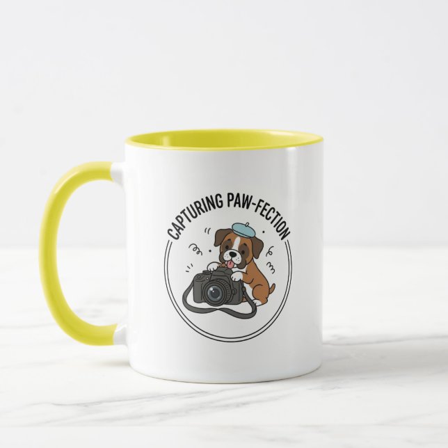 Mug Cute Boxer Dog Photographer Cartoon Yellow Blue (Gauche)