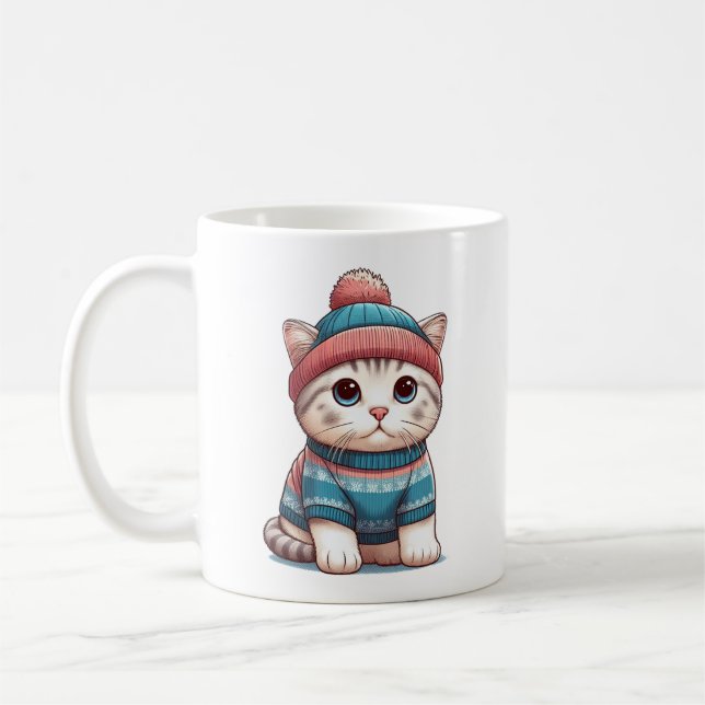 Mug Cute Chat en pull et beanie (Gauche)
