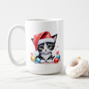 Mug Cute chat noir et blanc à Santa Hat Noël