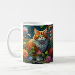 Mug Cute Chat orange et blanc assis en Fleurs