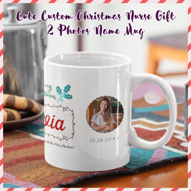 Mug Cute Custom Christmas Nurse Gift 2 Photos Nom (Créateur téléchargé)