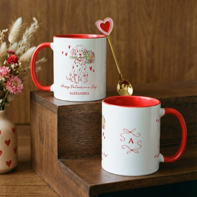 Mug Cute Dog Scribble Bouquet Happy Valentine's Day (Cute Dog Scribble Bouquet Happy Valentine's Day Mug)
