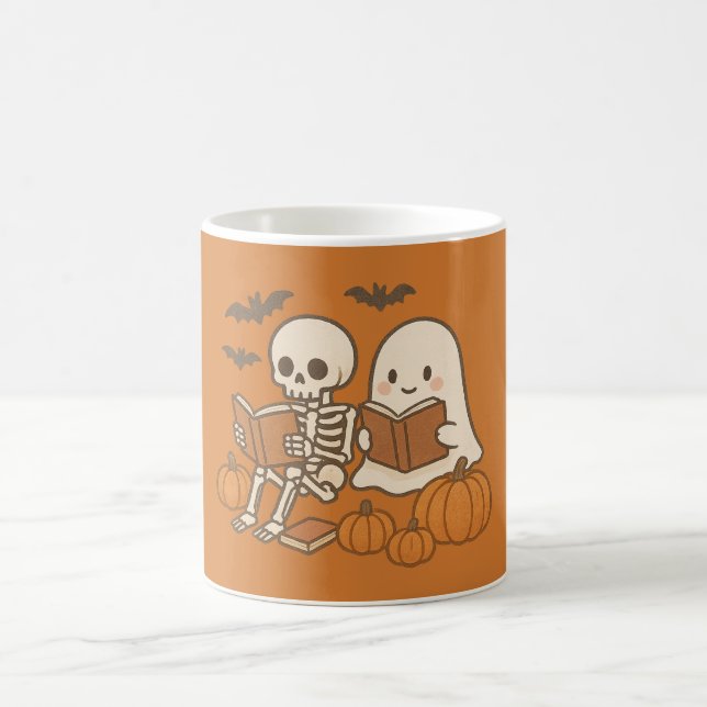 Mug Cute Ghost et Skeleton Lecture avec Citrouille (Centre)