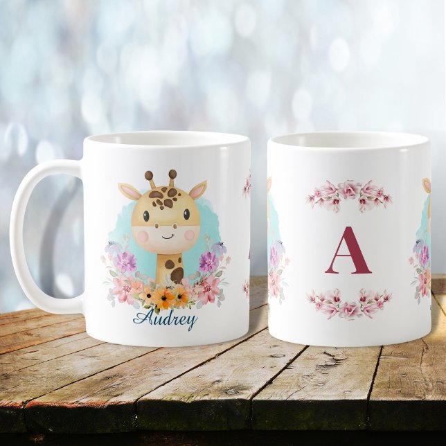 Mug Cute Giraffe Floral Thème Monogramme Personnalisé (Créateur téléchargé)