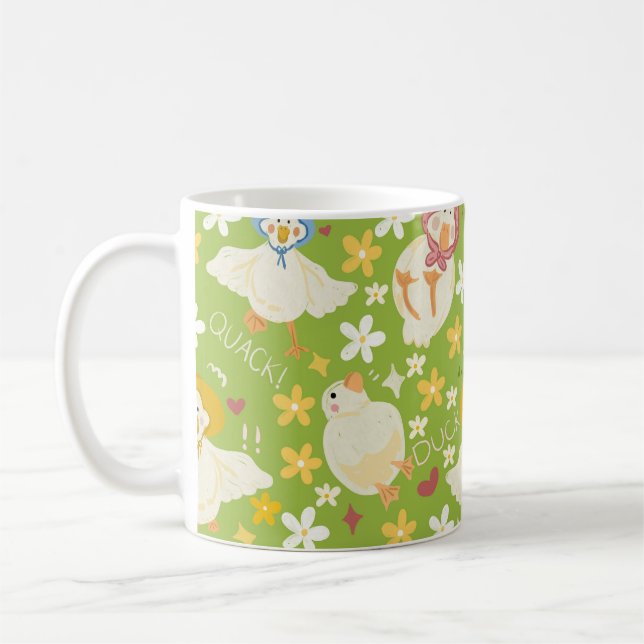 Mug Cute Green Duck & Daisy Flower Seamless Pattern (Gauche)